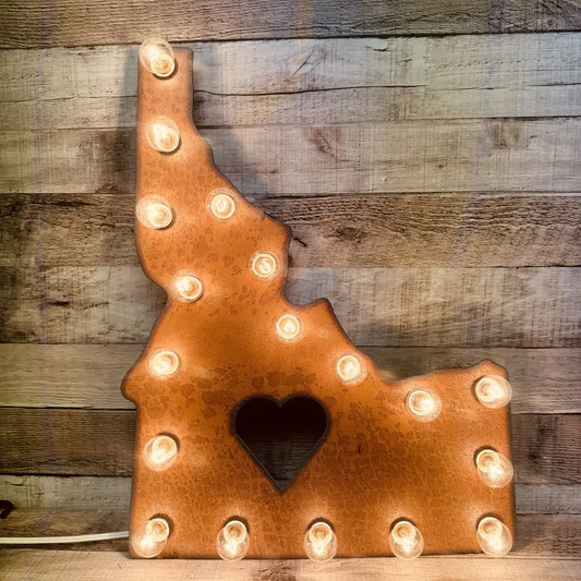 Idaho State Shape with Heart Marquee Rustic Metal Plug in Wall Image