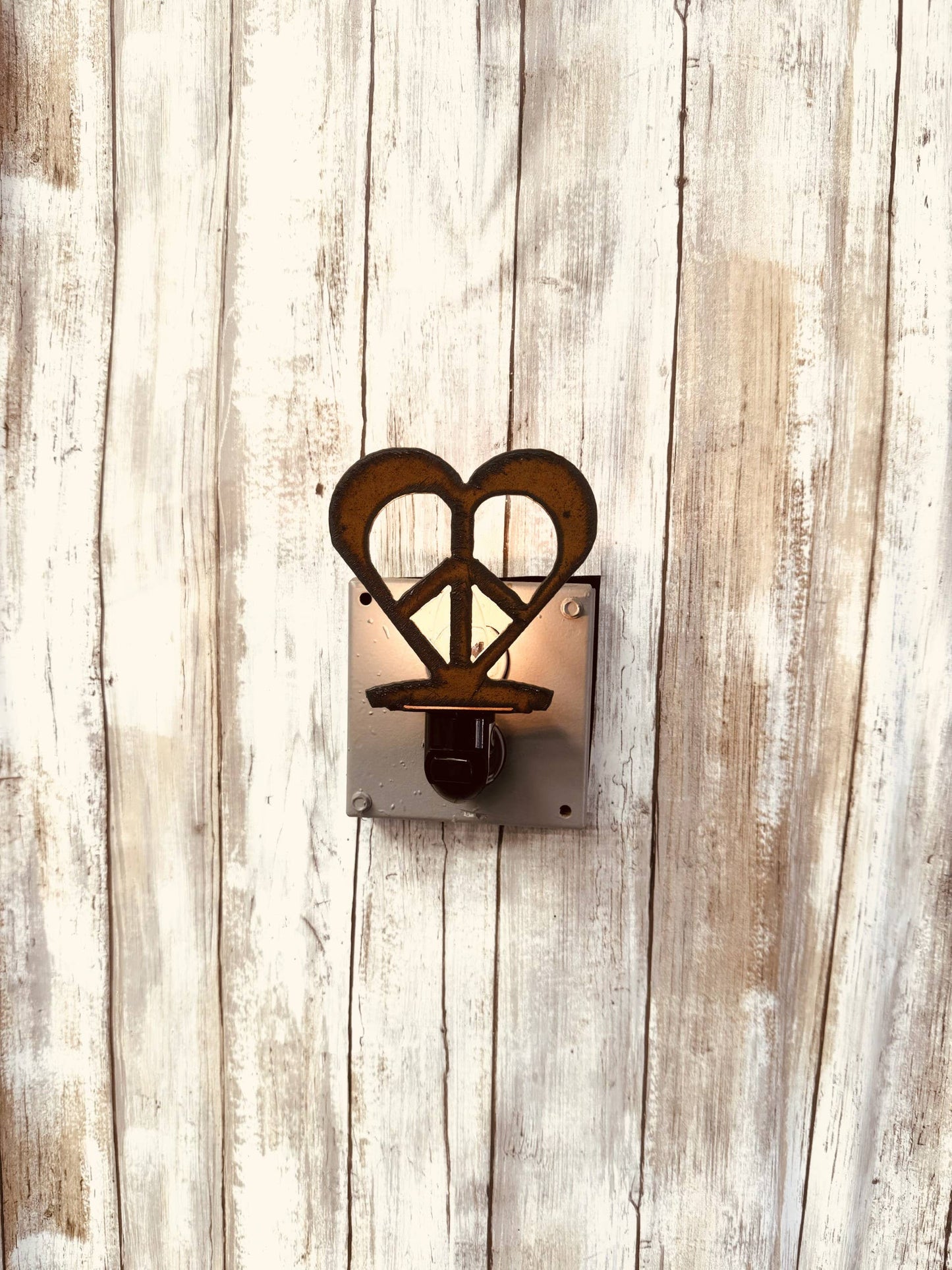 Heart with Peace Symbol Rustic Metal Night Light Image