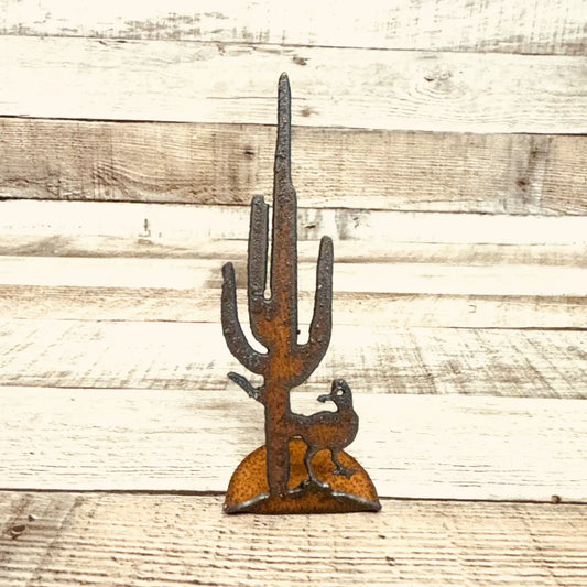 Roadrunner and Cactus Rustic Metal Doodad Figurine