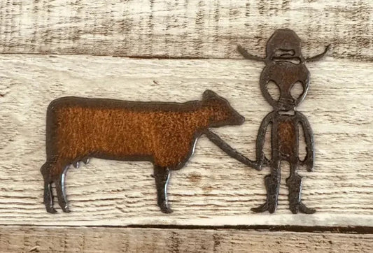 Alien Cowboy Walking Cow Rustic Metal Magnet area 51 Roswell