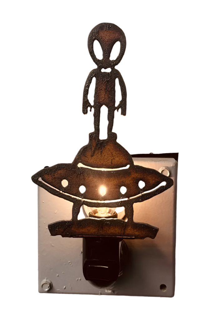 Alien on Flying Saucer Rustic Metal Night light Image