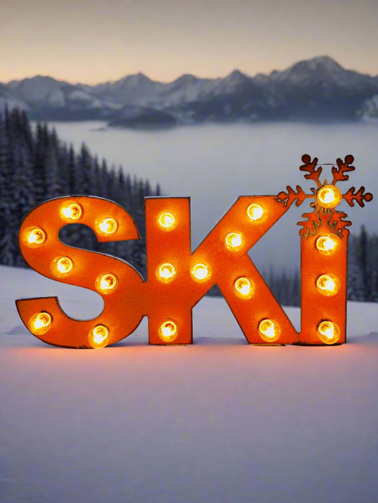 Ski Word Lighted Marquee Rusted Metal Sign Lodge Gift