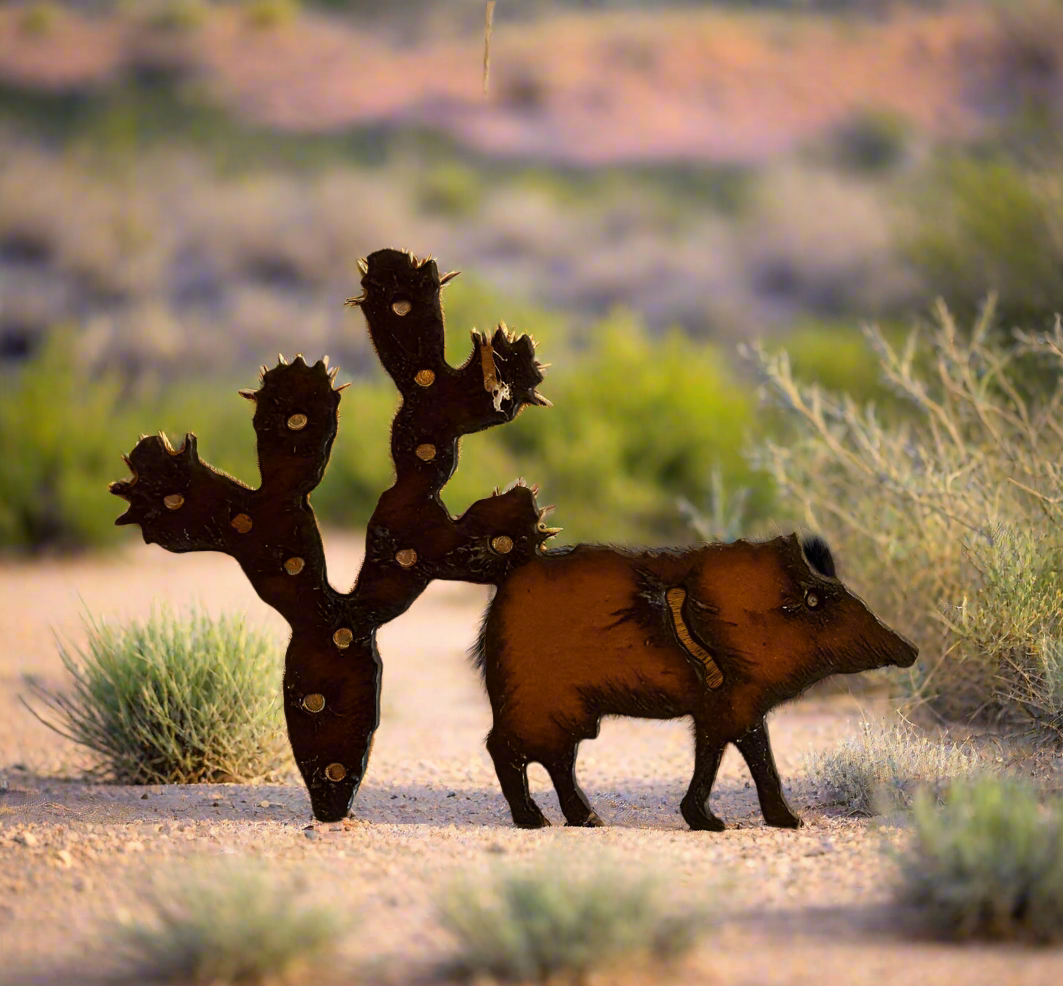 Javelina and Prickly Pear Desert Ornament Rusted Metal Gift