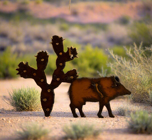 Javelina and Prickly Pear Desert Ornament Rusted Metal Gift