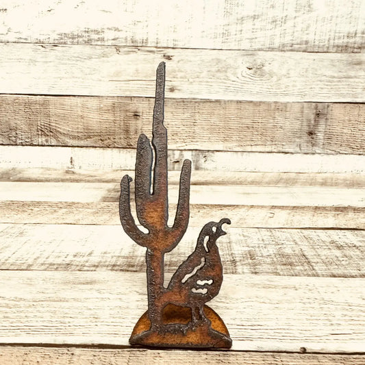 Quail and Cactus Desert Doodad Rustic Metal Figurine