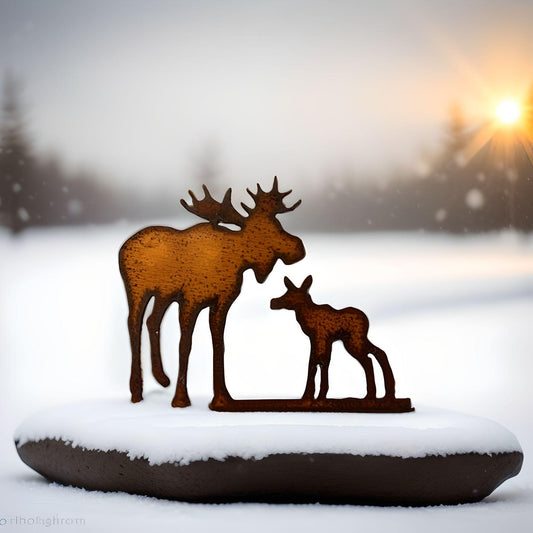 Moose and Baby Rustic Metal Lodge Magnet