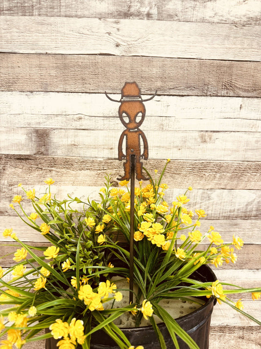 Alien Cowboy Rustic Metal Garden Plant Stick Area 51 Gift