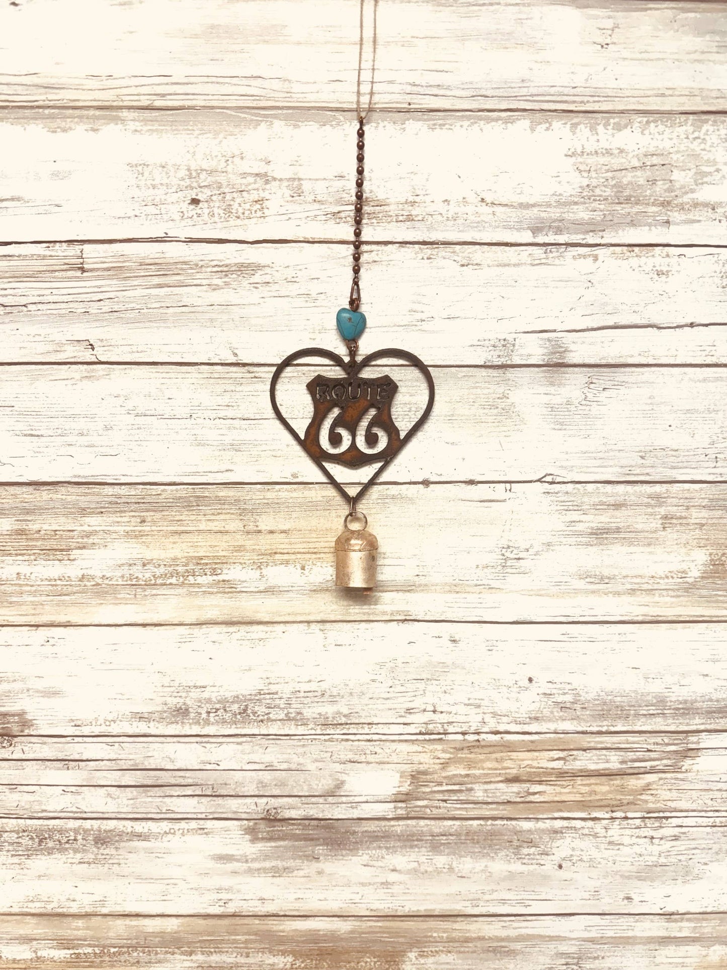 Heart Outline with Route 66 Rustic Metal Garden Bell Chime