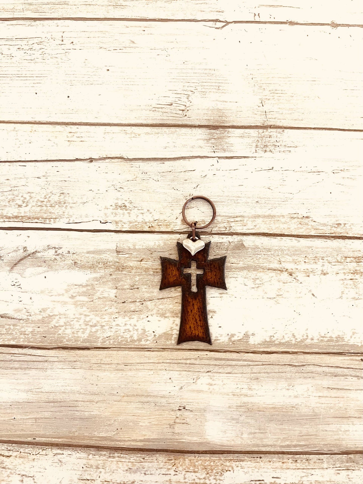 Cross with Cross Rustic Metal Keychain Religious Gift