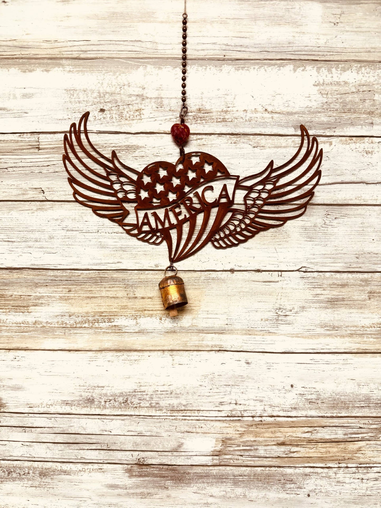 Heart with Wings with America Cutout Metal Garden Bell Chime