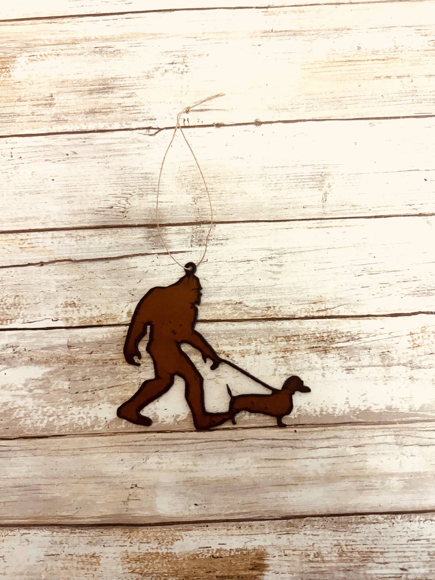 Bigfoot with Dachshund Yeti Sasquatch Rustic Metal Ornament