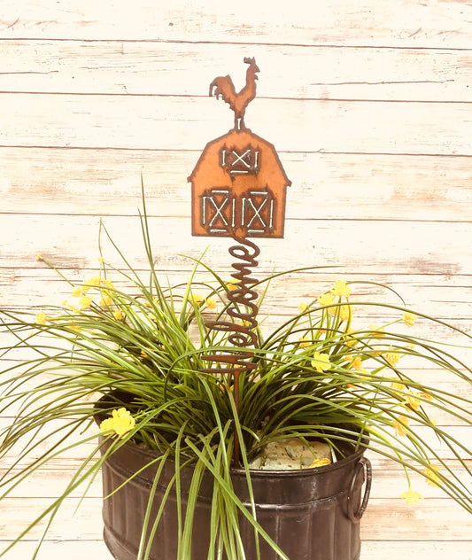 Barn with Rooster Welcome Vertical Plant Stake