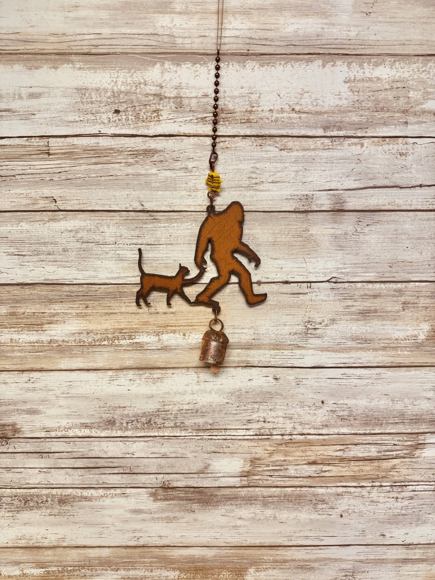 Bigfoot with Kitty Cat Rustic Metal Garden Bell Yeti Chime