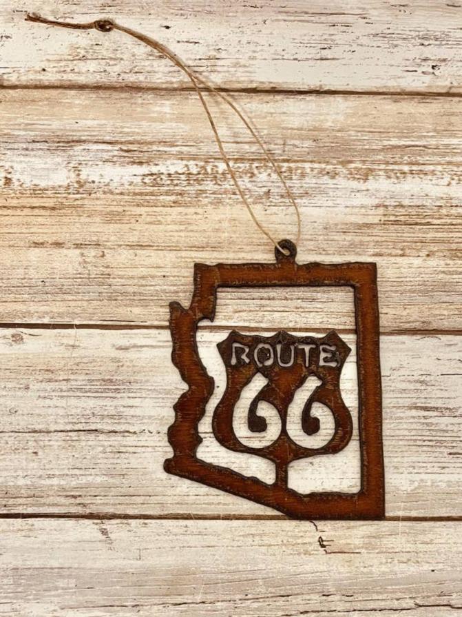 Arizona Outline Ornament with Route 66 Cutout Inside