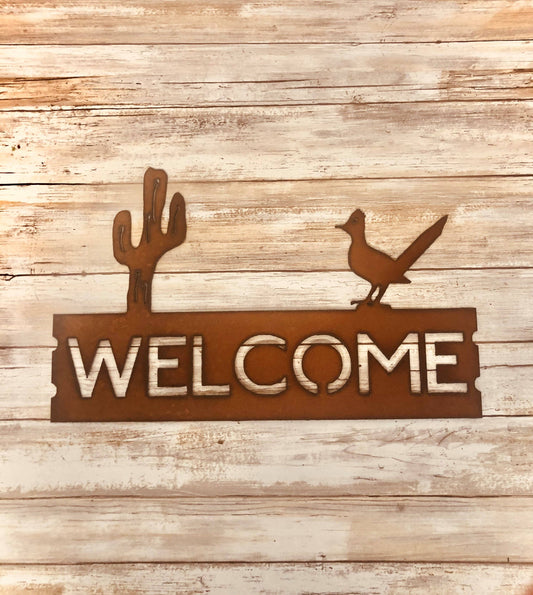 Roadrunner and Saguaro Cactus Southwestern Welcome Sign