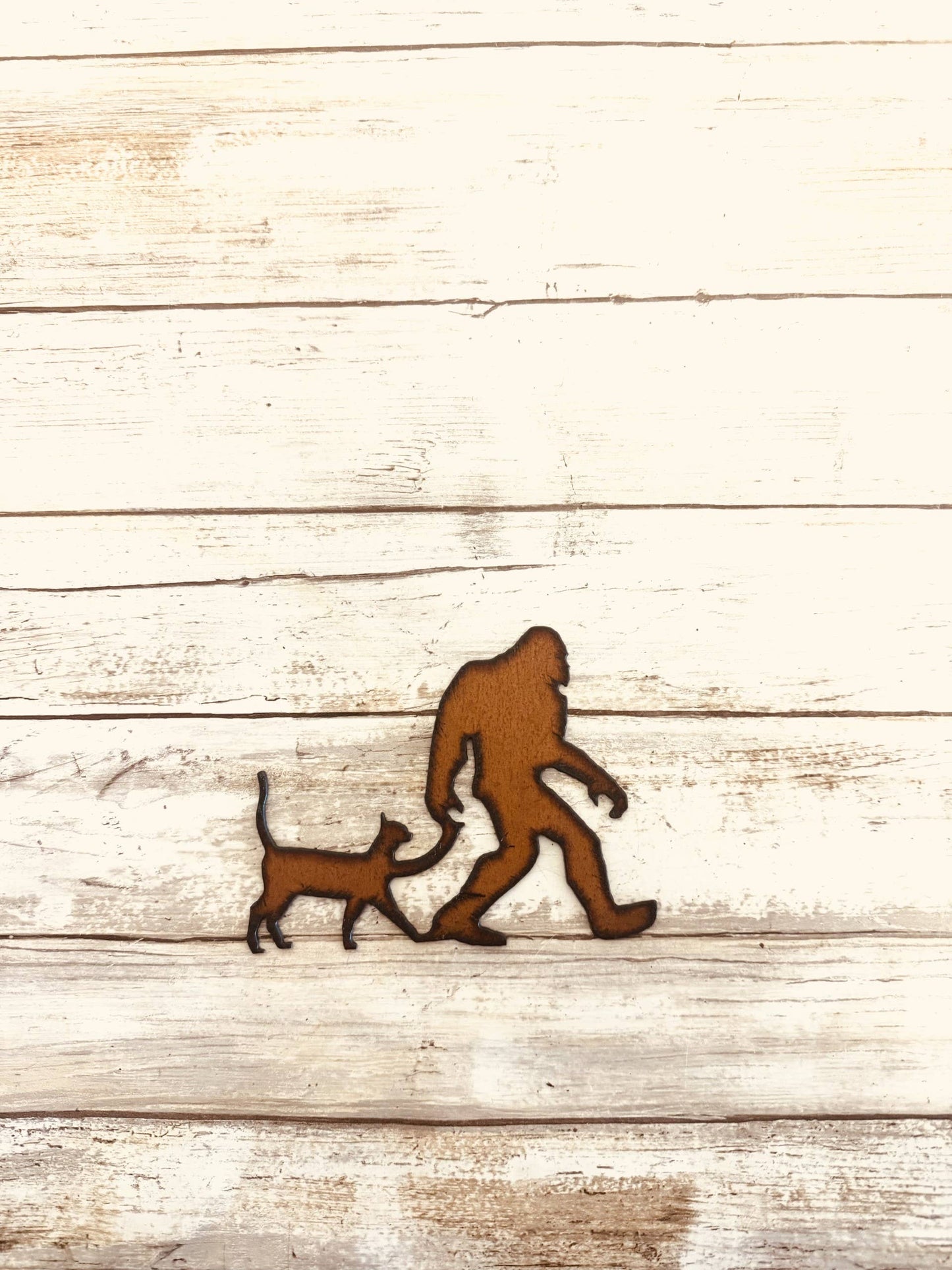 Bigfoot with Cat Rustic Yeti Sasquatch Kitty Metal Magnet